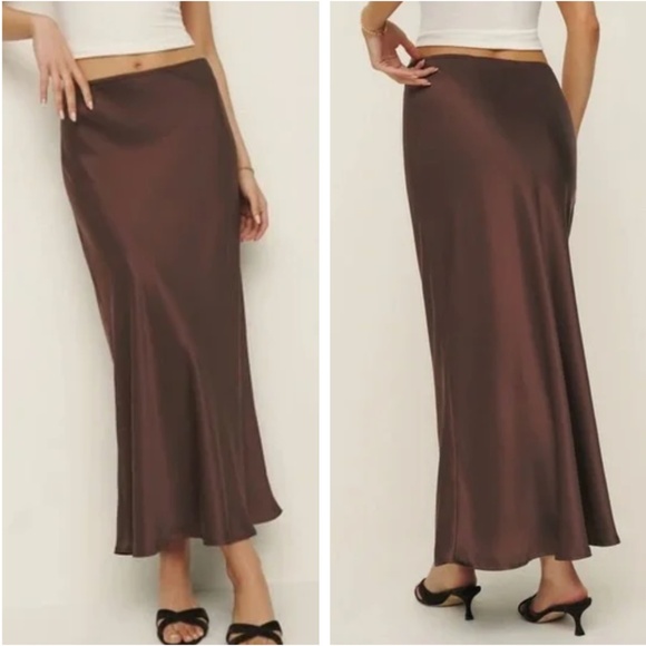 BEST Reformation Layla Silk Midi Skirt - Cafe Brown Chocolate Causal Classic - Picture 2 of 9